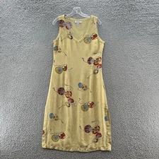VTG Citron Dress Women Medium Yellow Asian Print Silk Sleeveless Relaxed Midi