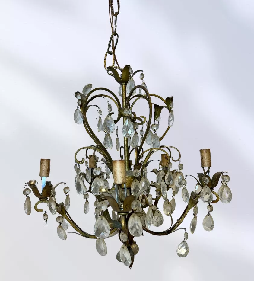 Vintage 1950s 60s Hollywood Regency Crystal 5 Light Chandelier