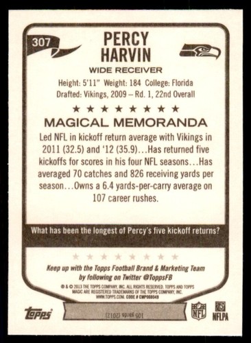 2013 Topps Magic Mini Percy Harvin Seattle Seahawks #307 Parallel SP - Picture 2 of 2