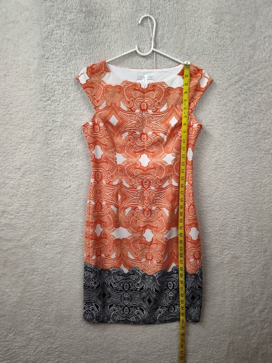 London Times Women Dress 6 Orange Printed Poly Blend Cap