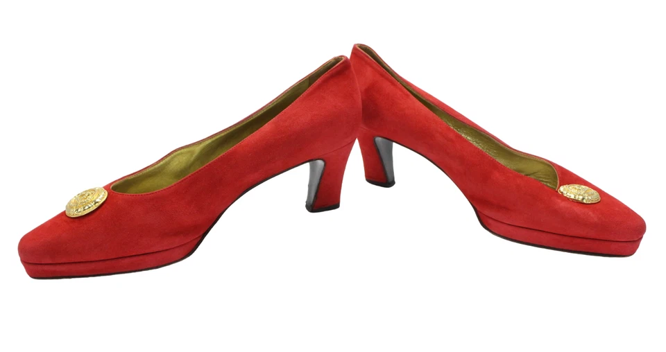 Salto Escada Feminino Eu 39.5 Camurça Ouro Detalhes Vermelho - Imagem 2 de 4