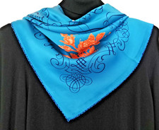 35"X35"Blue Best Wishes Print Pure Mulberry Satin Silk 18momme Scarf 88x88cm