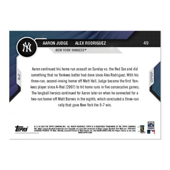 2020 Topps NOW Aaron Judge / Alex Rodriguez #49 ~ New York Yankees ~ PR 1830 - Image 2 of 2