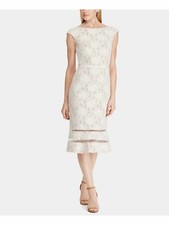 LAUREN RALPH LAUREN Womens White Boat Neck Midi Sheath Formal Dress 6