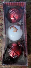 Rae Dunn Christmas Ornaments Cat Meow Stay Pawsitive Red Glass Balls 3 NEW