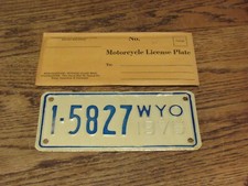 1975 WY Motorcycle License Plate, 1-5827, 8" X 3 1/2"