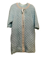 Vtg Barbizon Pale Blue Quilted Robe Housecoat Zip Front 3/4 Sleeve Lined Petite