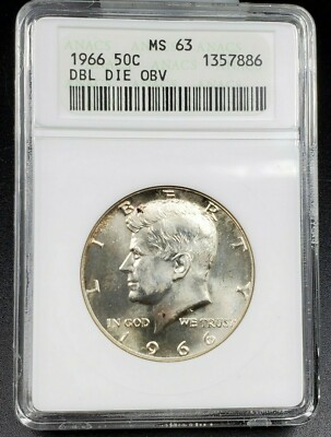 1966 P KENNEDY HALF DOLLAR ANACS MS63 FS-101 FS-013.8 Double Die