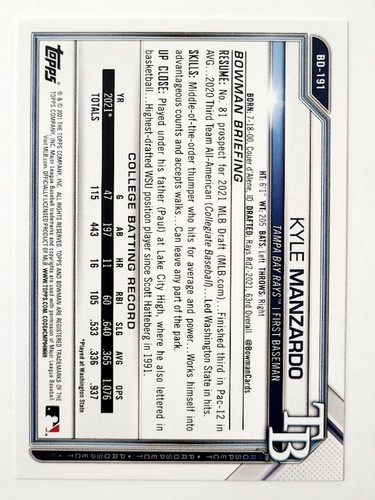 2021 Bowman Draft 1st TAMPA BAY RAYS Kyle Manzardo SIGNED RC CARD AAC COA 🔥  - Picture 2 of 3