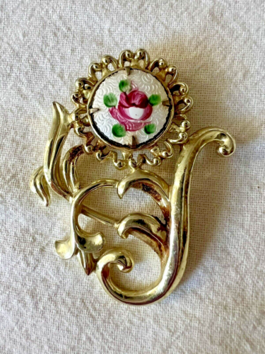 Vintage Gold Ton Brooch Pin With Porcelain Rose Design - Picture 1 of 4