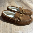 Minnetonka 3902W Size 11 Men's Brown Pile Lined Hardsole Shoes Leather Slip On