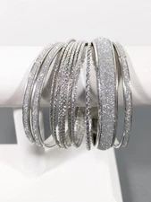 Erica Lyons Set of 11 Bangle Bracelets Stack Silver Tone Glitter Texture NEW 8"