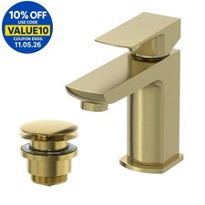 Cloakroom Basin Mixer Tap & Waste Set Square Mini Single Lever Brushed Brass