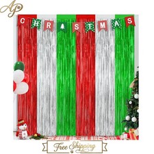 Red Silver Green Foil Curtains - 3.28 FT x 7.05 FT Christmas Backdrop Set