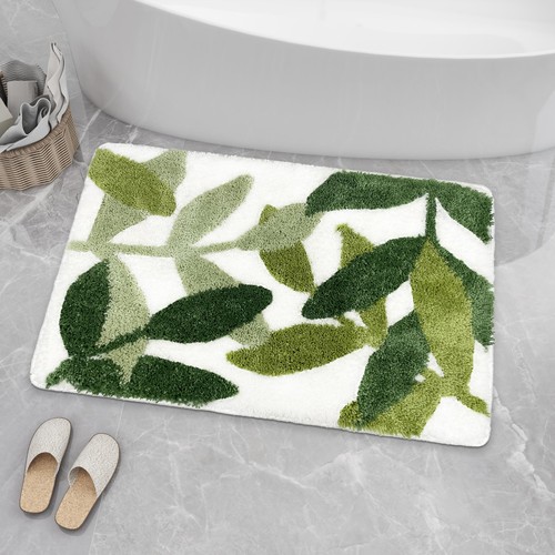 ZebraSmile Green Bath Rug with Non Slip Back Strong Water Aabsorbent Leaves - Picture 8 of 8