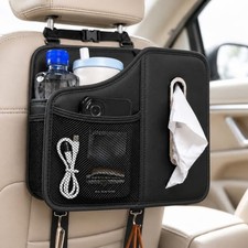 Car Tissue Holder, Leather Back Seat Organizer with Cup Holder  2 Hooks Black