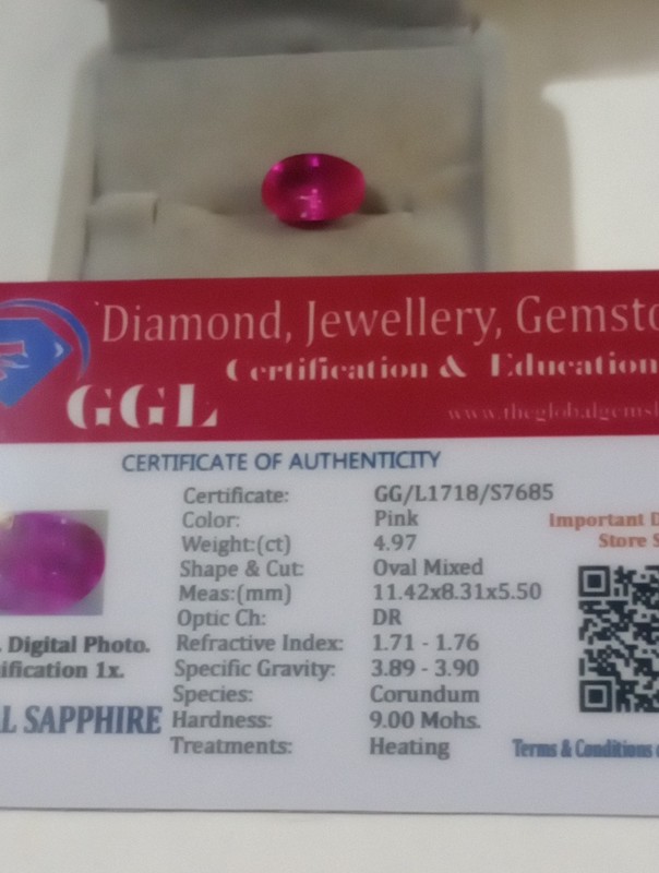 NATURAL EARTH MINED GGL CERTIFIED GEM TESTED HEATED OVAL PINK SAPPHIRE 4.97 CT.