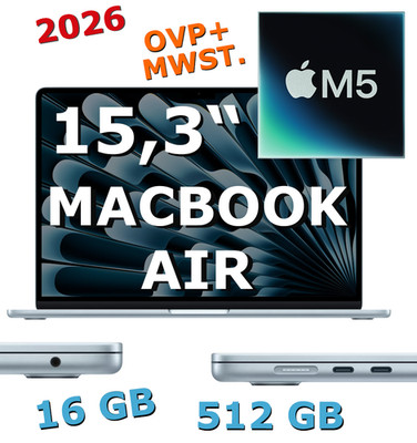   Apple MacBook AIR 15,3'' M5   512GB, 16GB, himmelblau, MDVQ4D/A, OVP, Rg-MwSt.