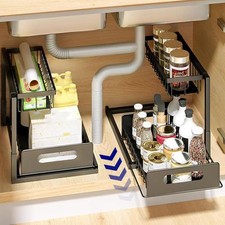 2 Tier Pull Out Basket Under Sink Kitchen Cupboard Organiser Storage Rack Drawer