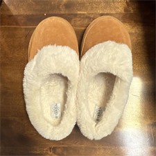 Serra Women's Brown Suede Slip-On Slippers Faux Fur Lined Fur Trim Round Toe