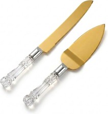 Cake Knife and Server Set, Cake Cutter and Pie Spatula, Gold Blade and Faux