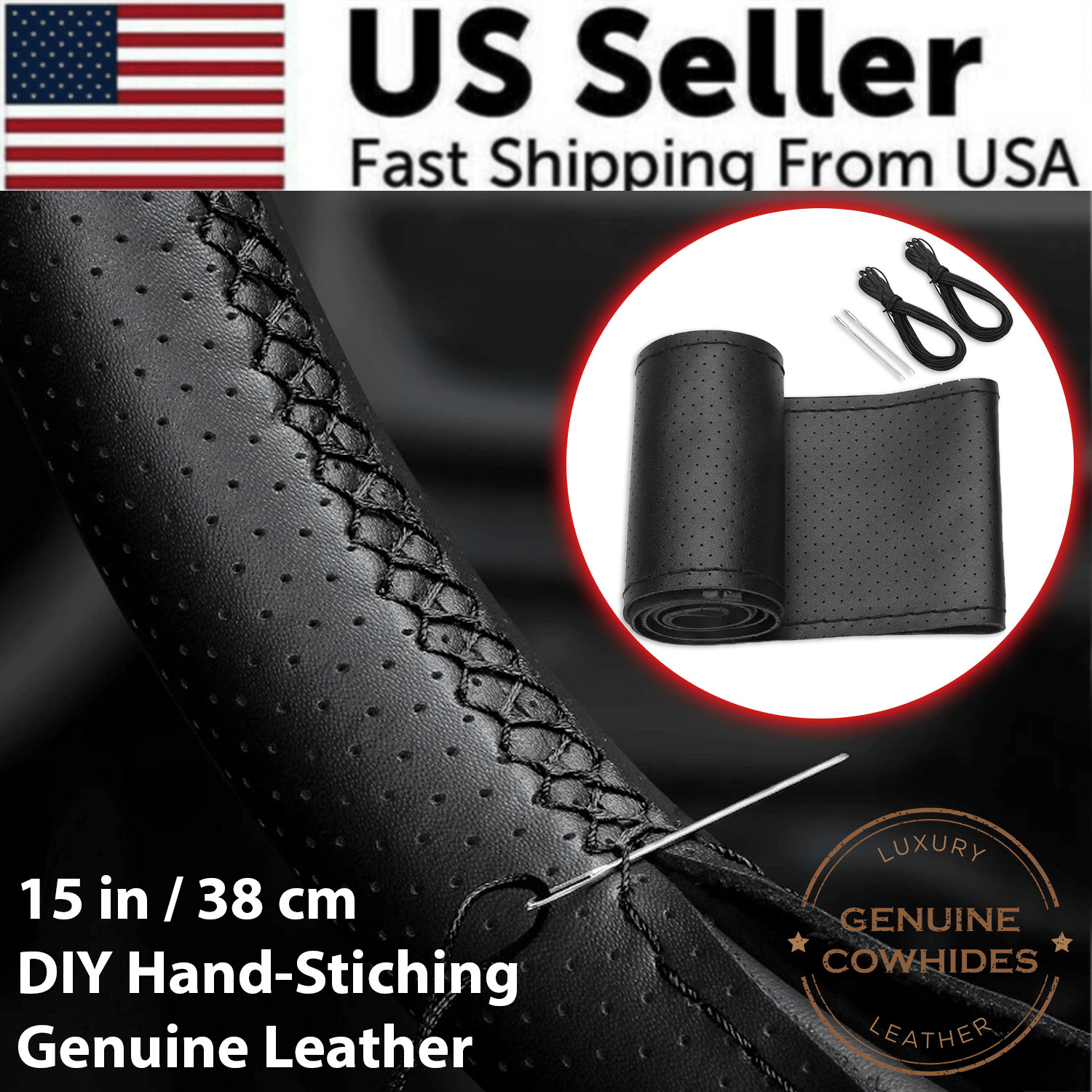 DIY Genuine Leather Steering Wheel Cover - 15 Inch Anti-Slip Design