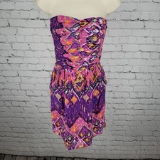 Charlie Jade Pink & Purple Colorful Silk Blend Printed Strapless Mini Dress XS