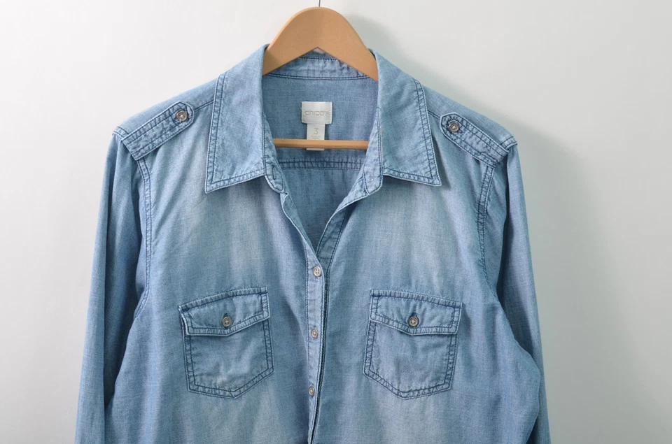 Camisa Chicos Denim Abotonada Para Mujer 3 US XL Azul Bolsillos Manga Pestaña Nudo Frontal Foto 3 de 4