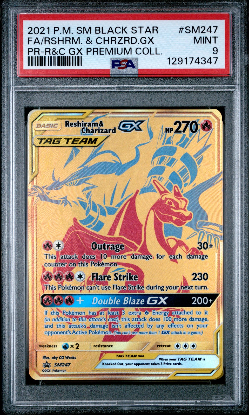 2021 POKEMON SM BLACK STAR PROMO #SM247 FULL ART/RESHIRAM & CHARIZARD GX PSA 9