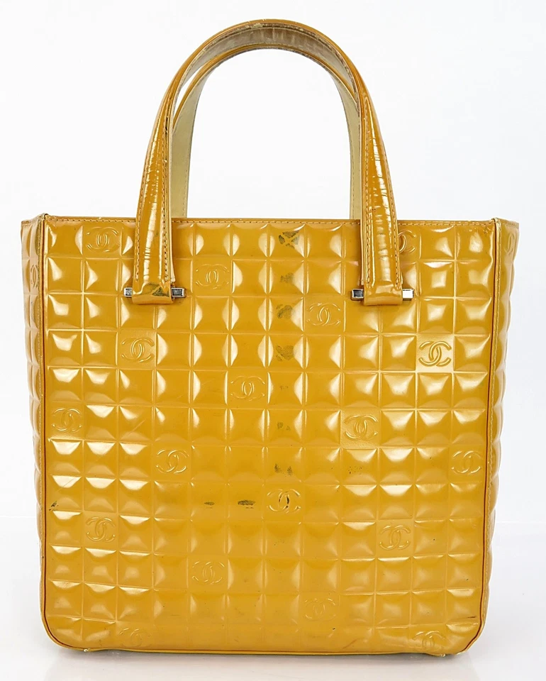 Authentic CHANEL Beige Chocolate Bar Patent Leather Tote Hand Bag #61657 - Image 3 of 4