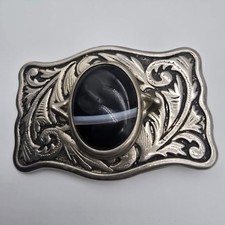 Centerpiece Black Banded Cabochon Silver Tone Western Framed Belt Buckle