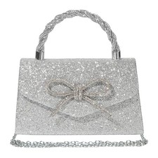 Women Evening Bag Sparkly Bow Clutch Purses Wedding Glitter Rhinestone Silver