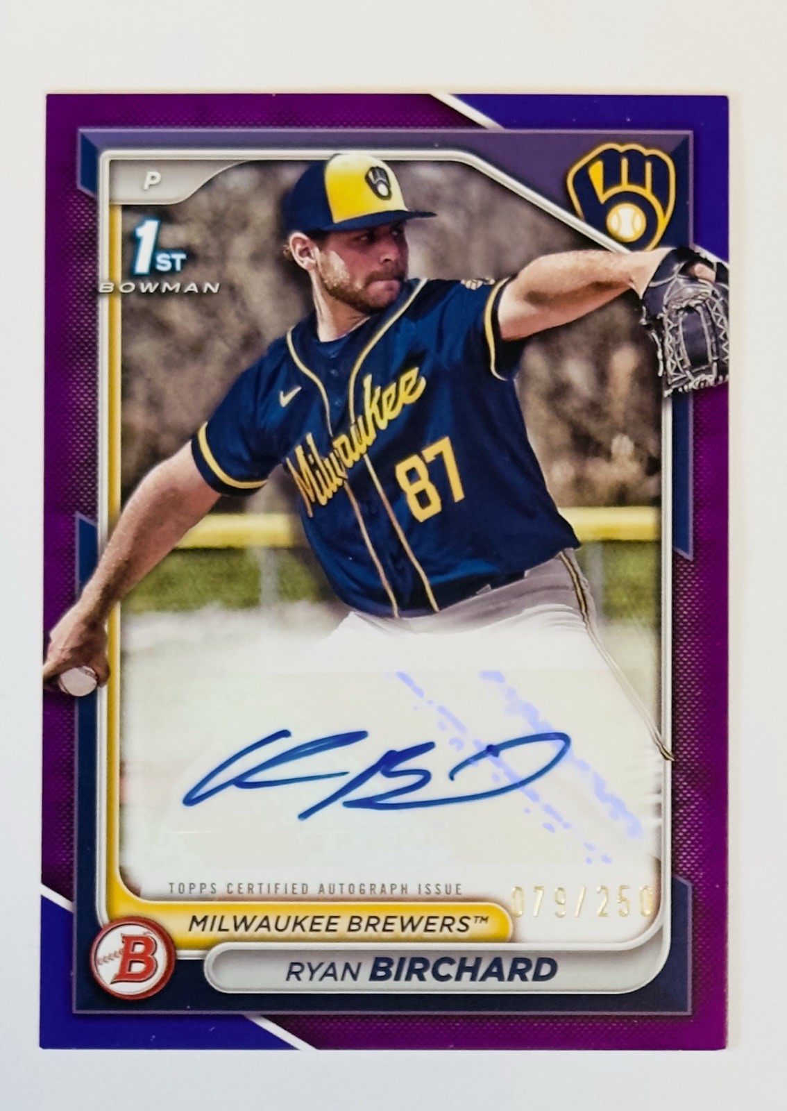 Ryan Birchard 2024 Bowman Prospect Autographs Purple /250 Brewers RC #PPRA-RB