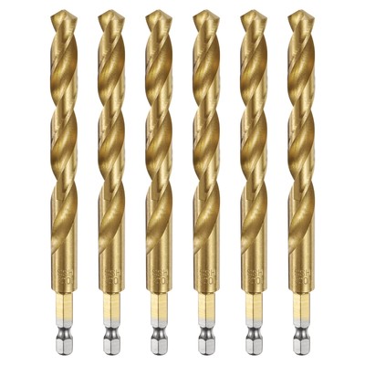 6pcs 1/4'' Hex Shank Twist Drill Bit 10.2mm Titanium Coated Jobber Drill Bit Gold