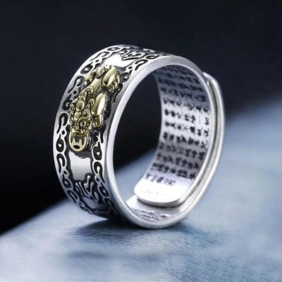 Feng Shui Pixiu Ring versilbert Glücksring verstellbar Damen Herren Schmuck