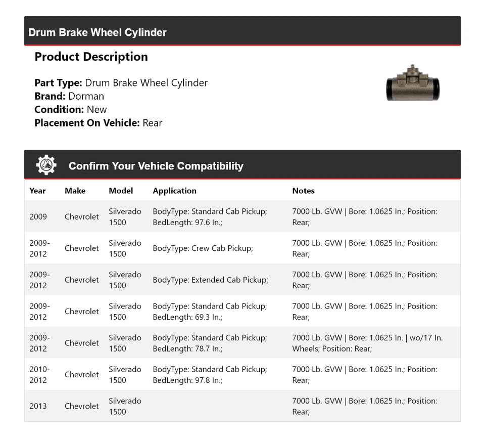 Cilindro trasero de rueda de freno de tambor para Chevrolet Silverado 1500 Dorman 2009-2013 Foto 2 de 4