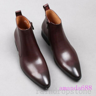 Mens Genuine Leather Pointed Toe Ankle Boots New Zipper Dress Oxfords Shoes Size