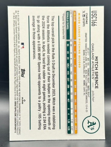 Actualización cromada Topps 2024 Mitch Spence Green Wave/99 ROOKIE Athletics - Imagen 2 de 2