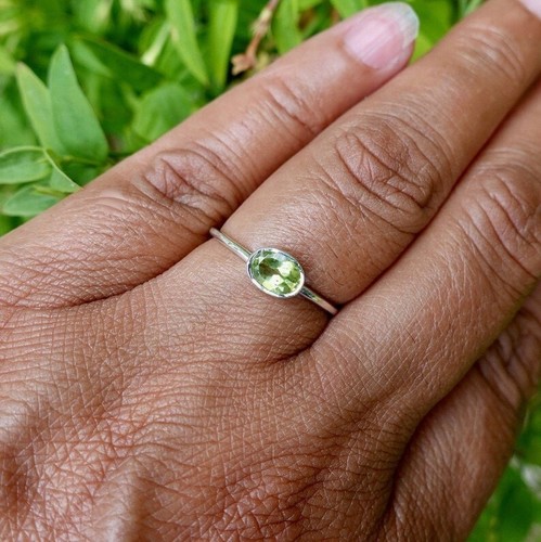 Dainty Peridot Horizontal Stone Stacking Ring 925 Sterling Silver Engagement - Picture 4 of 4