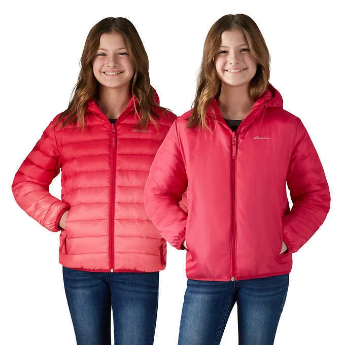 New Eddie Bauer Youth Reversible Down Jacket Pink Ombre Red Size L 14 16