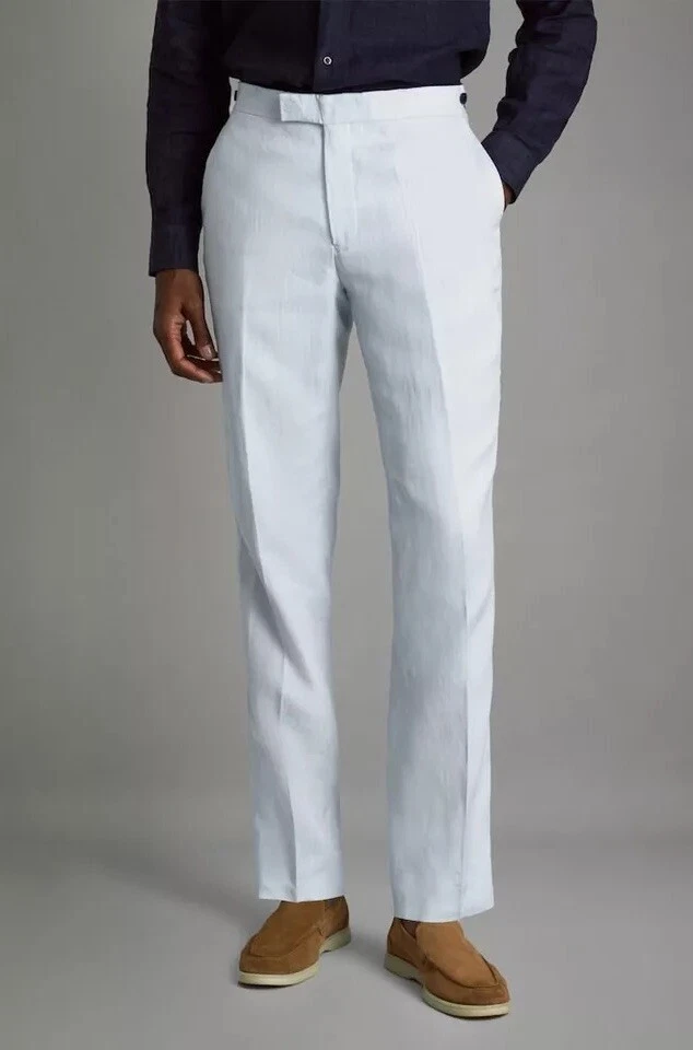 REISS Mens Kin Slim Fit Linen Adjuster Trousers in Soft Blue