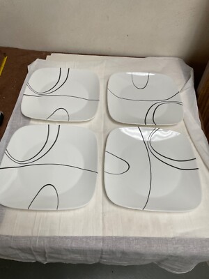 4 Corelle Simple Lines Square Dinner Plates 10 1/2''