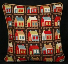 Completed Needlepoint/Tapestry Folk Art Houses Pillow Mary Norden Design 13x13"
