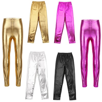 Mädchen Leggings Metallic Skinny Leggins Hose Party Karneval Fasching Kostüm