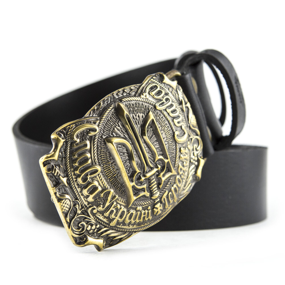 Leather belt with brass buckle featuring OUN Ukrainian trident Glory to Ukraine-image