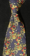 BURBERRYS ALL SILK USA MADE RED GREEN GOLD FLORAL ACCENTS NAVY FIELD NECKTIE