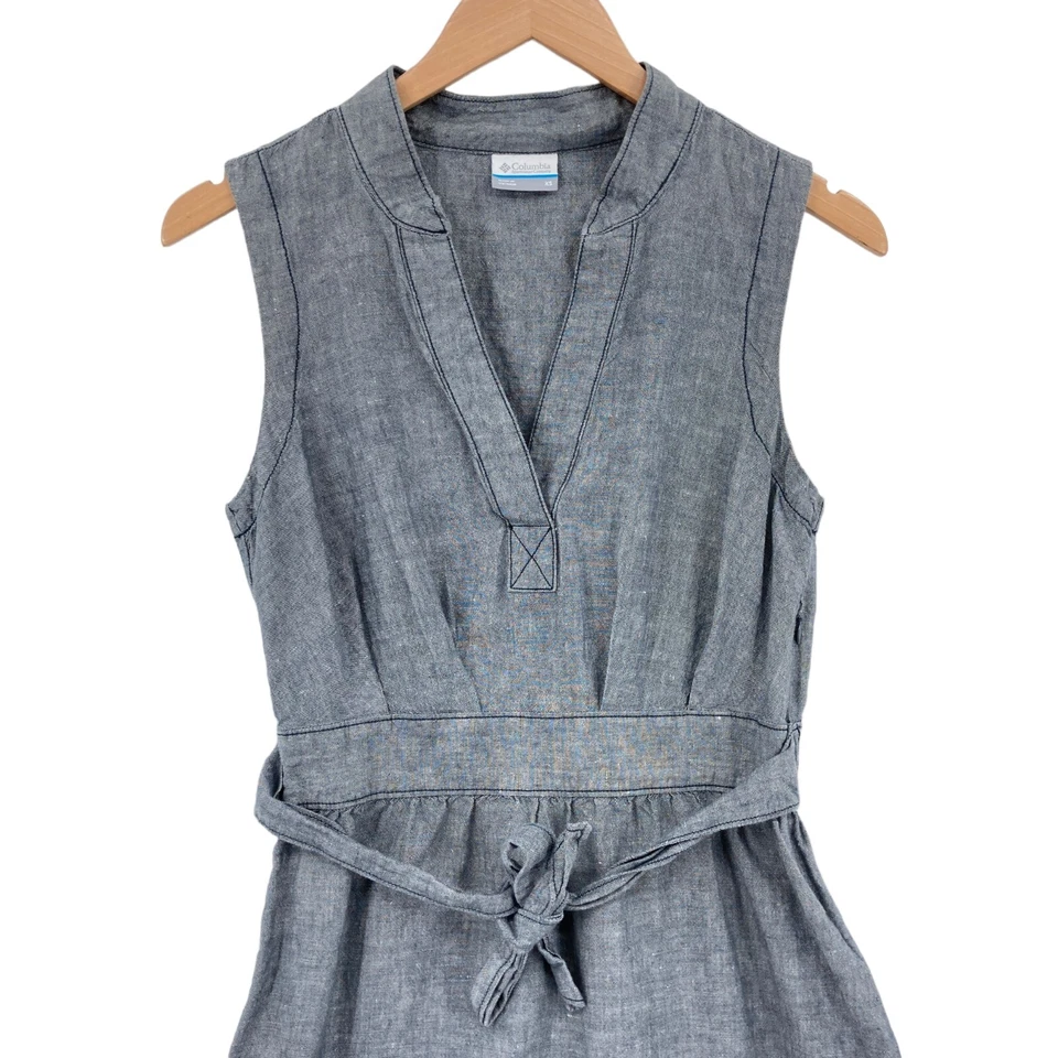 Vestido Vaina Columbia para Mujer XS Gris Mezcla de Lino Cuello en V Cremallera Lateral Cordón Foto 4 de 4