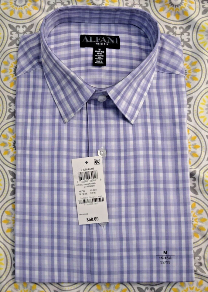Camisa de vestir ajustada de guinga lavanda AlfaTech by Alfani para hombre 15-15,5 32-33 Foto 2 de 4