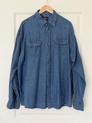 Wrangler Denim Button Down Shirt Mens XL Blue Chambray Long Sleeve Cotton Wester