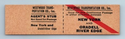 Westwood Transportation c1950s NY Oradell River Edge Bus Ticket Red Slash Stub
